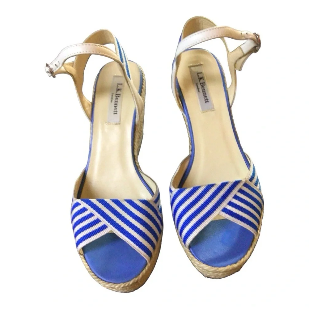 LK Bennett Blue and White Connie Striped Wedge Sandals size 36